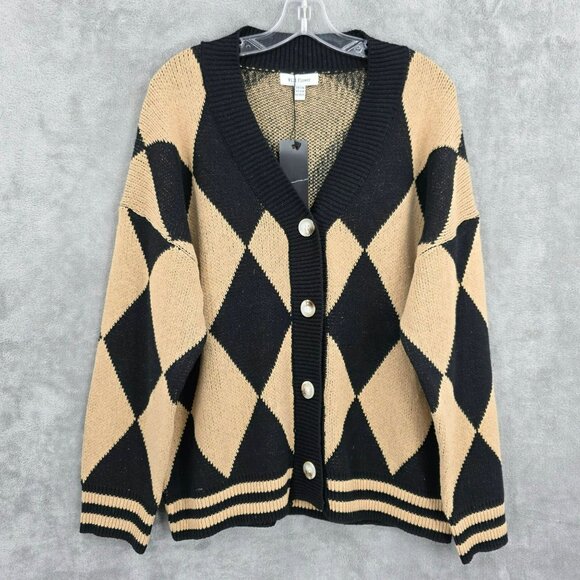 Nasty Gal Wild Flower Knit Cardigan Sweater XS S Black Camel Diamond Buttons New - Picture 11 of 11